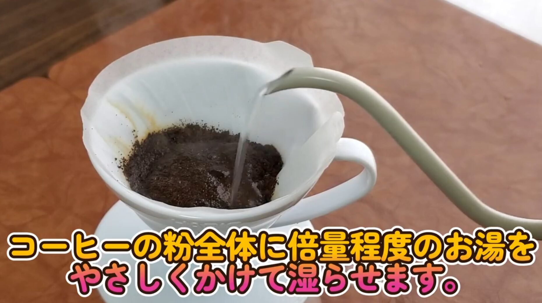 コーヒーの粉全体に倍量程度のお湯を
やさしくかけて湿らせます。