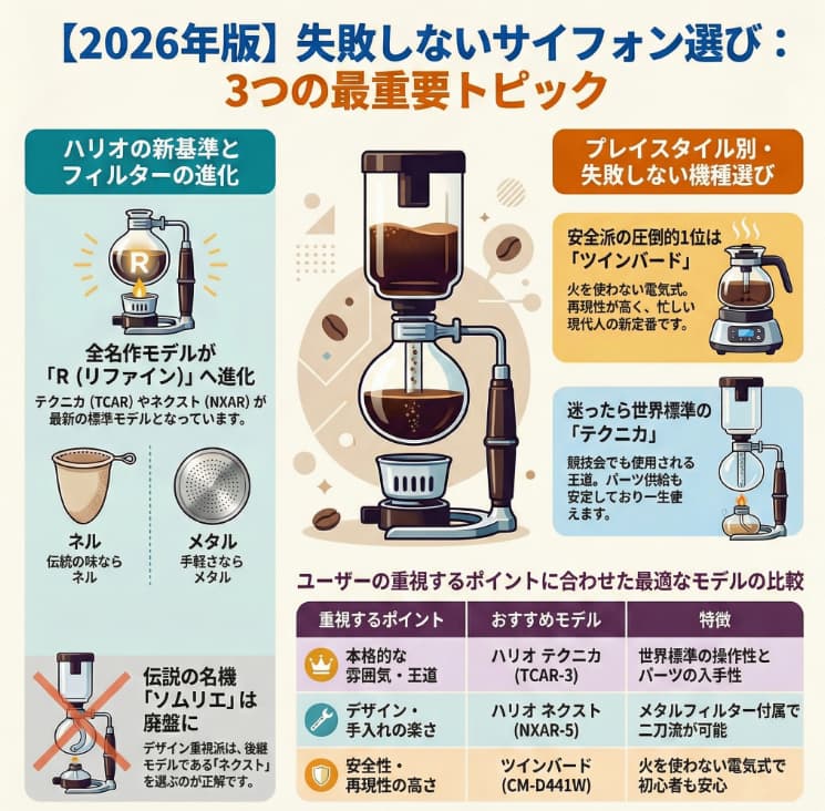 失敗しないサイフォン選びガイド、ハリオ テクニカ（TCAR-3）、ハリオ ネクスト（NXAR-5）、ツインバード（CM-D854BR）
