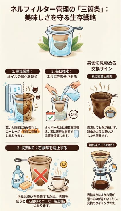 ネルフィルター管理の「三箇条」
乾燥厳禁:乾いた瞬間にコーヒーオイルが酸化し、地獄の雑味に変わる。
毎日換水:タッパーの水は毎日取り替える。ネルも呼吸させてあげる。
洗剤NG:洗剤を使った瞬間、そのネルは石鹸味のコーヒー製造機になる。