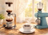 サイフォンと電動コーヒーミルとコーヒー