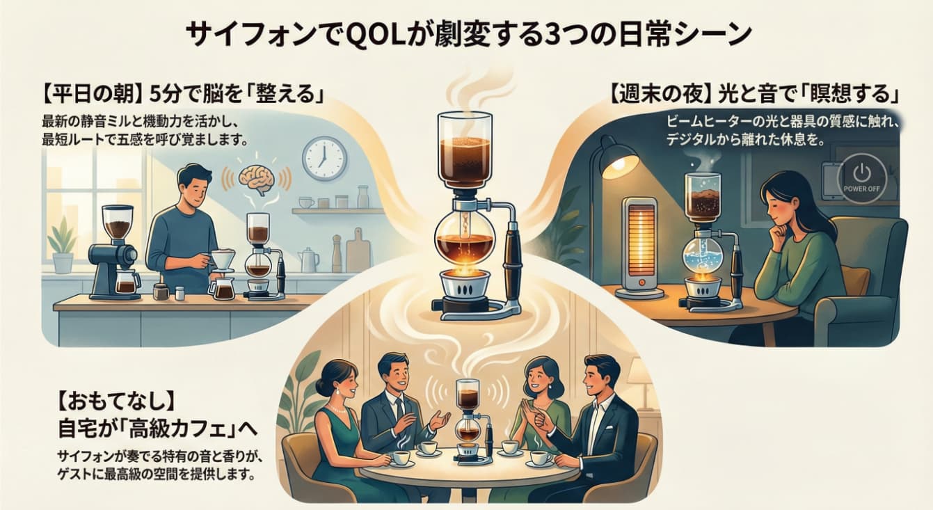 サイフォンでQOLが上がることを表現したインフォグラフィック