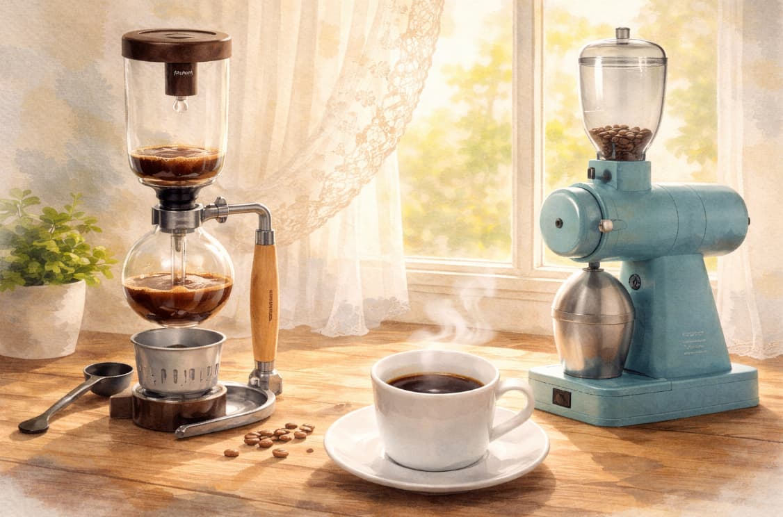 サイフォンと電動コーヒーミルとコーヒー