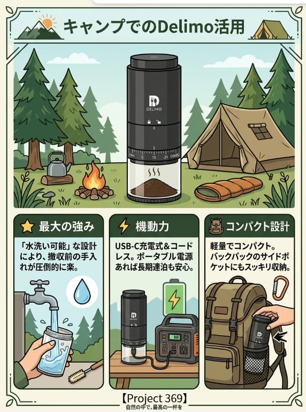 delimoをキャンプで使用しているイラスト