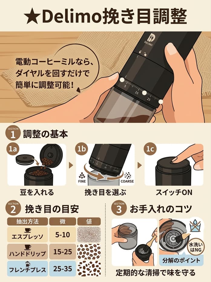 delimo挽き目調整インフォグラフィック