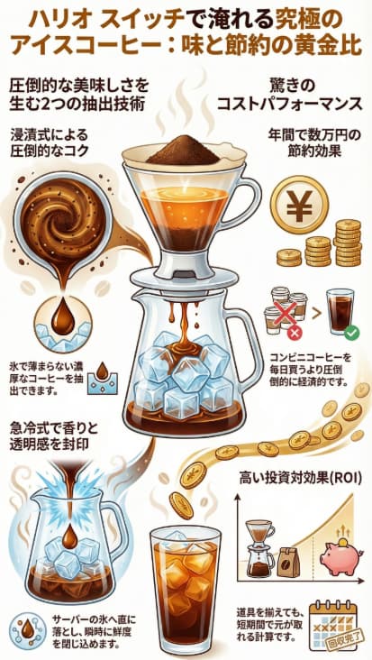 ハリオスイッチとアイスコーヒー メリットインフォグラフィック