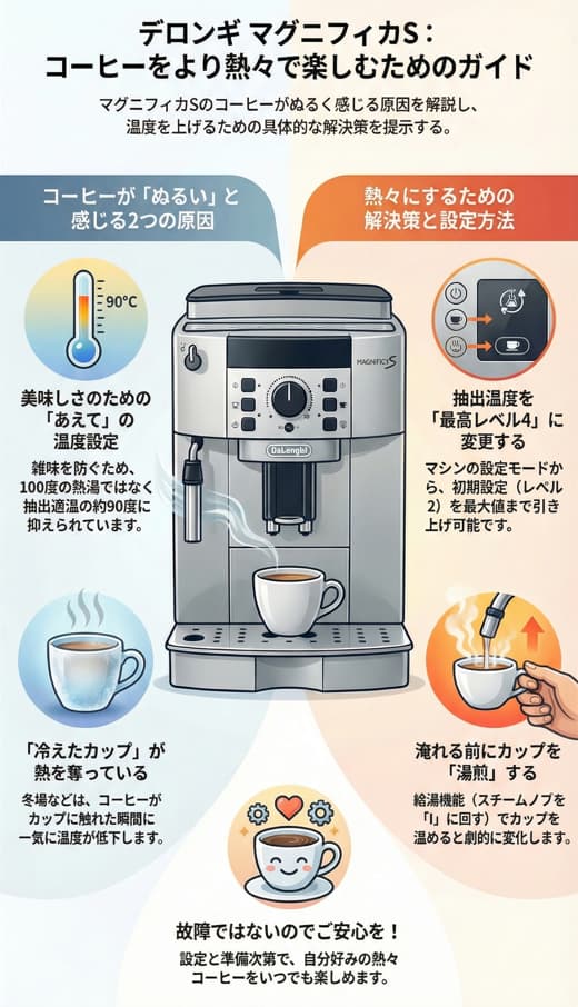 マグニフィカSで淹れたコーヒーがぬるい場合のインフォグラフィック