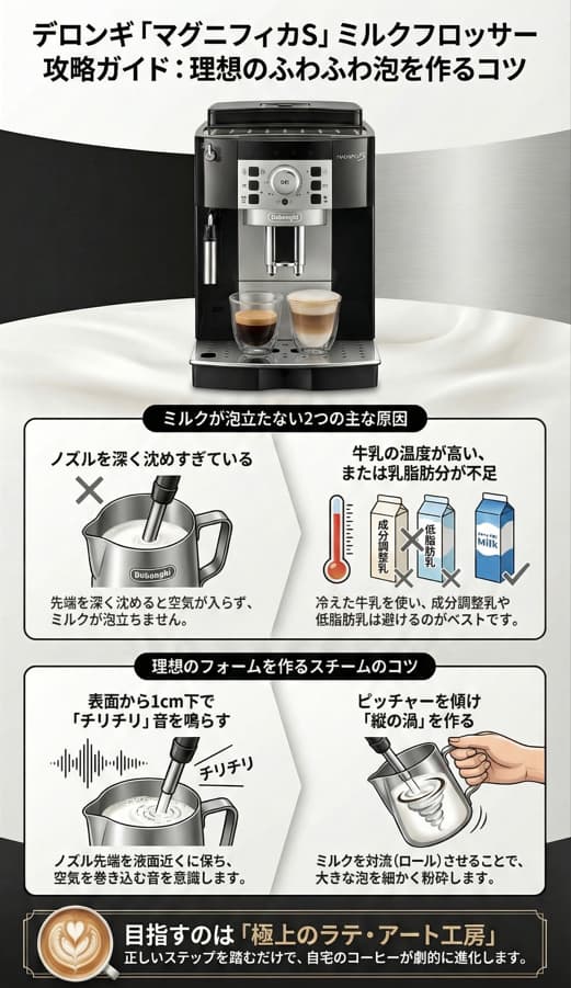 マグニフィカでミルクフロッサーを使う方法についてのインフォグラフィック