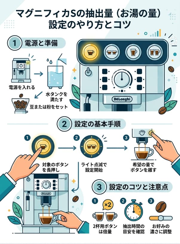 マグニフィカの湯量調整に関するインフォグラフィック