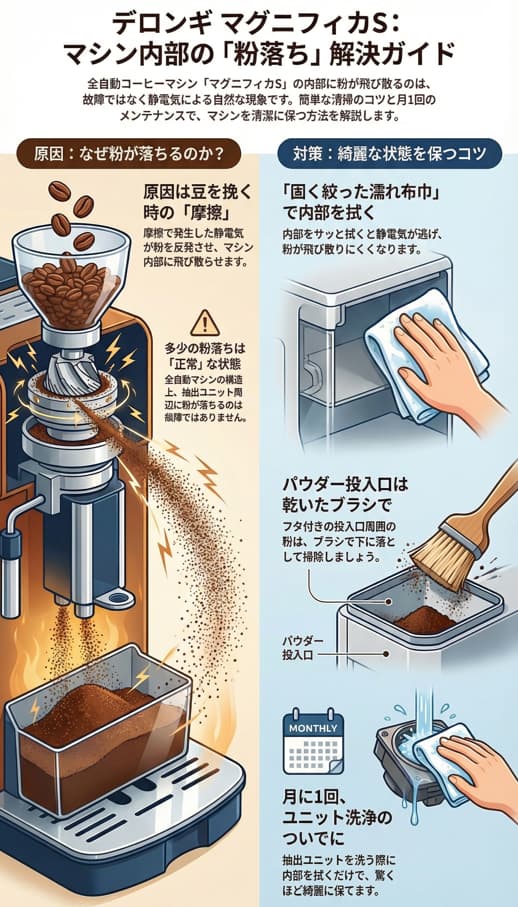 マグニフィカSの粉が舞うことと静電気に関するインフォグラフィック