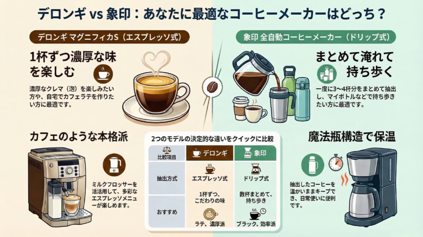 マグニフィカと象印全自動コーヒーメーカーインフォグラフィック