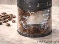 delimo静電気で挽いた豆が内壁に張り付いている