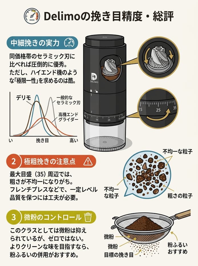 delimoの挽き目精度に関するインフォグラフィック
